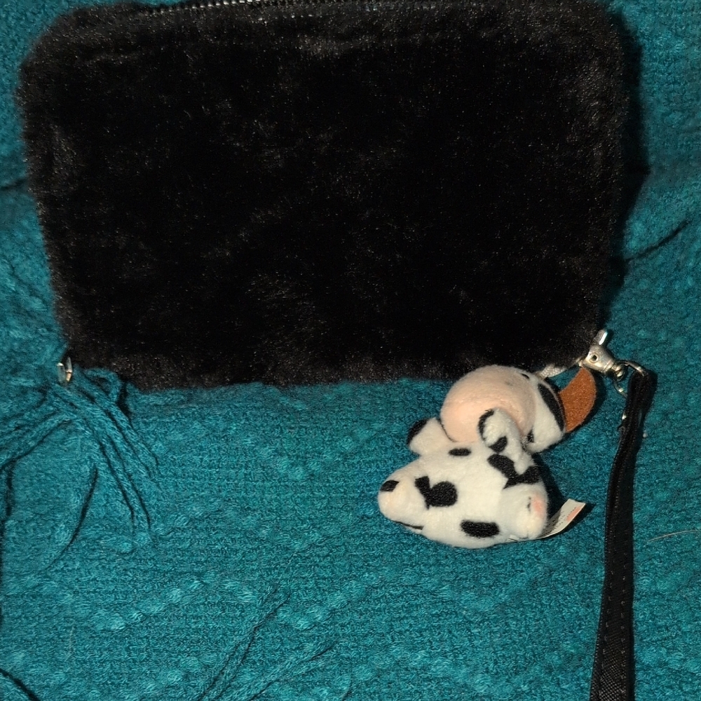 Plush Black Wallet With Removable Wristlet Strap And Cow Print Bag Charm